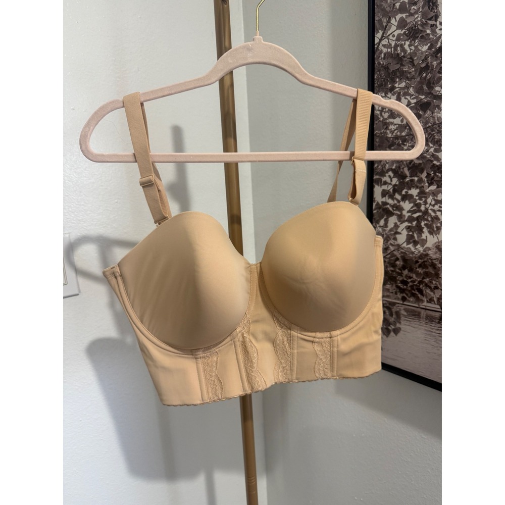 Shecurve Tan Nude Longline Underwire Bra Bustier 40F Lace Trim Adjustable Straps